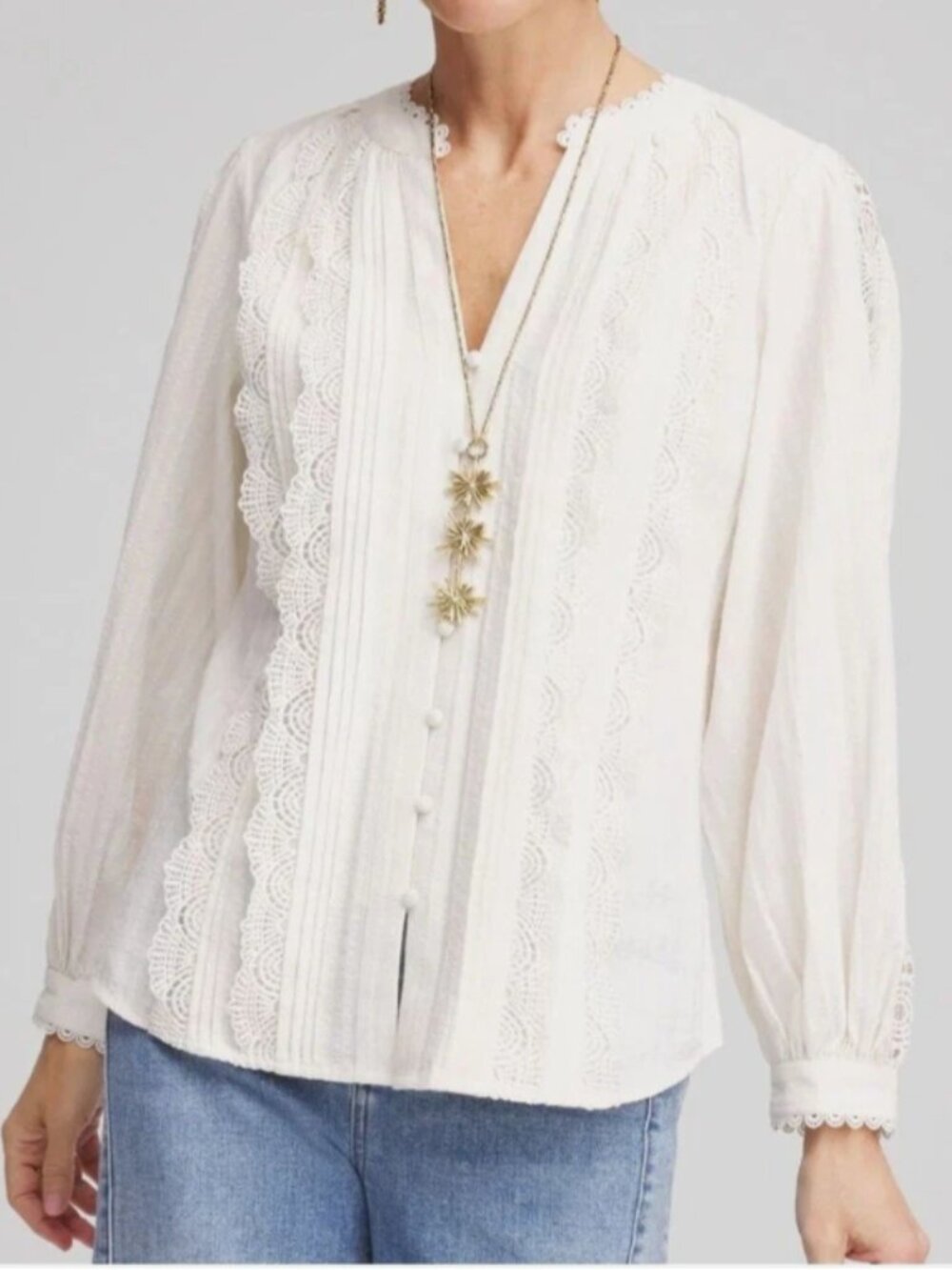 NWT Size 16 (Chicos 3) - Split Neck Lace Trim Long Sleeve Button Down - Ecru